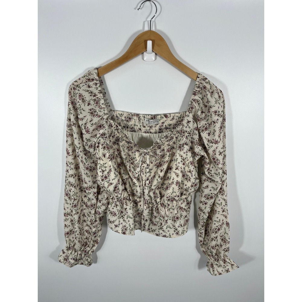 Boho Cottage Ren‎ Faire Womens Top M Cream Floral Balloon Sleeve Square Neck